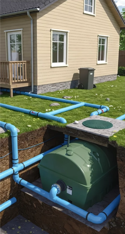 Montaż szamba ekologicznego – zielony, szczelny zbiornik z systemem rur kanalizacyjnych